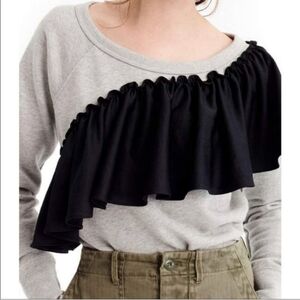 J. Crew Women’s Grey Wide-neck Sweatshirt with Black Satin Asymmetrical Ruffle